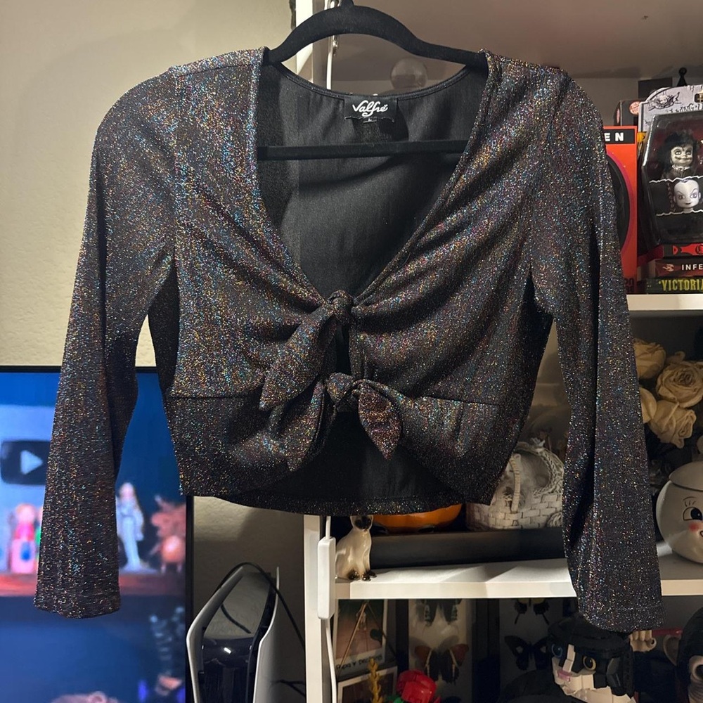 Valfre Gray Sequin Tie-Front Crop Blouse